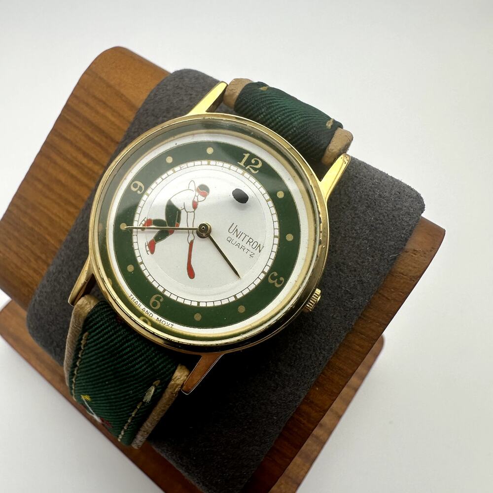 Unitron Quartz Hockey Theme Watch Green Dial Gold Tone Case Fabric Strap
